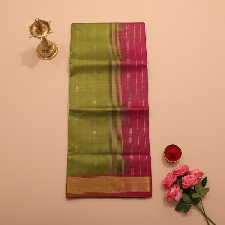 Kuberan Olive Green & Pink Cotton Silk Saree with Gold Butta & Zari Border