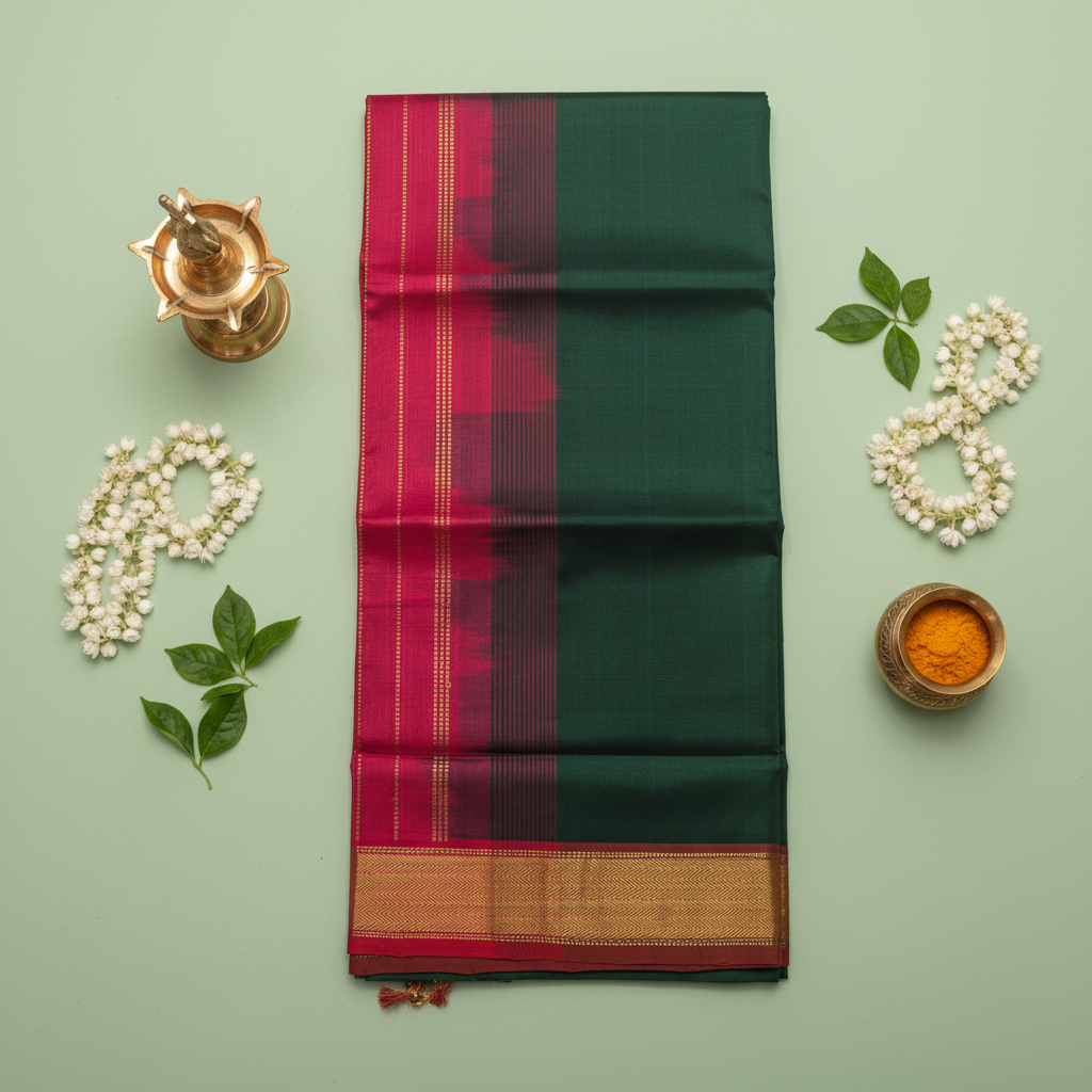 Kuberan Deep Green & Pink Cotton Silk Saree with Gold Zari Border