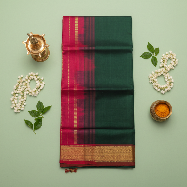 Kuberan Deep Green & Pink Cotton Silk Saree with Gold Zari Border