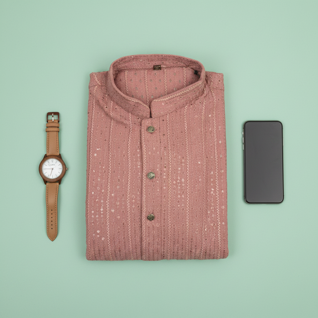Dusty Rose Sequin Embroidered Cotton Kurta - Flat lay with watch and phone