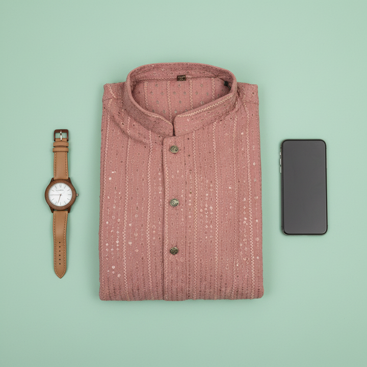 Dusty Rose Sequin Embroidered Cotton Kurta - Flat lay with watch and phone