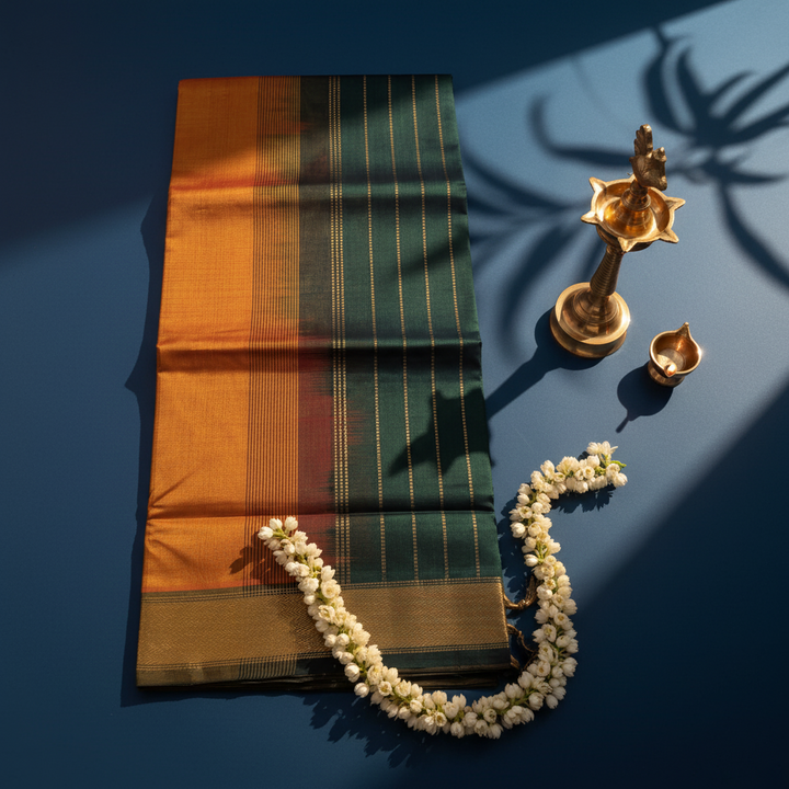 Kuberan Forest Green & Mustard Gold Cotton Silk Saree with Vertical Gold Stripes & Zari Border