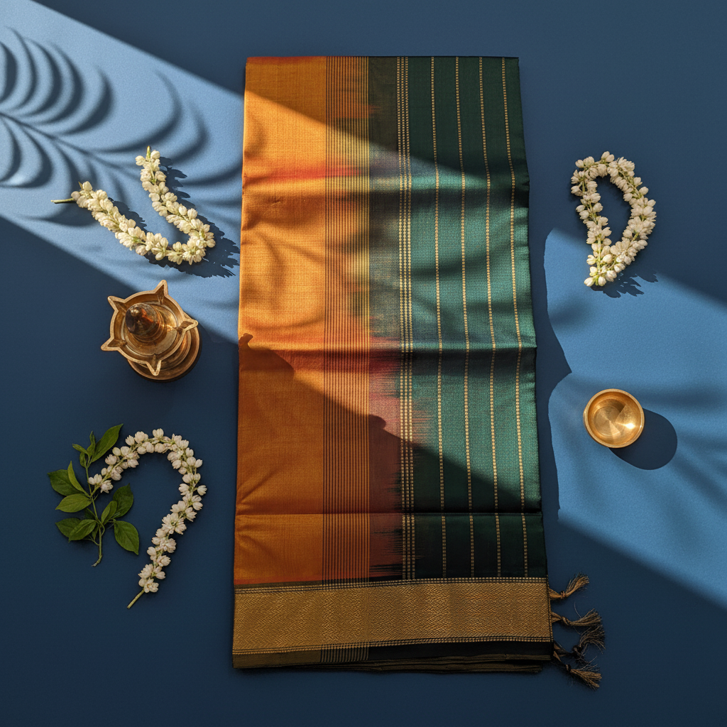 Kuberan Forest Green & Mustard Gold Cotton Silk Saree with Vertical Gold Stripes & Zari Border