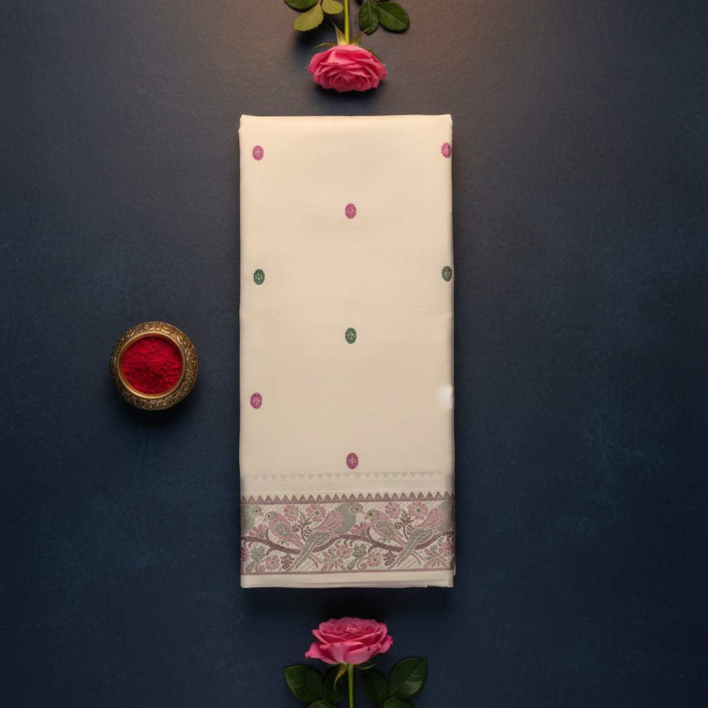 Kuberan Pure Ivory Cream Kanchipuram Silk Saree