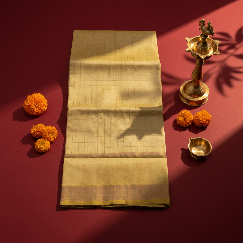 Kuberan Golden Yellow Self-Check Cotton Silk Saree