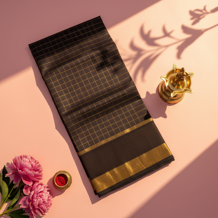 Kuberan brown & Gold Zari Checks Cotton Silk Saree