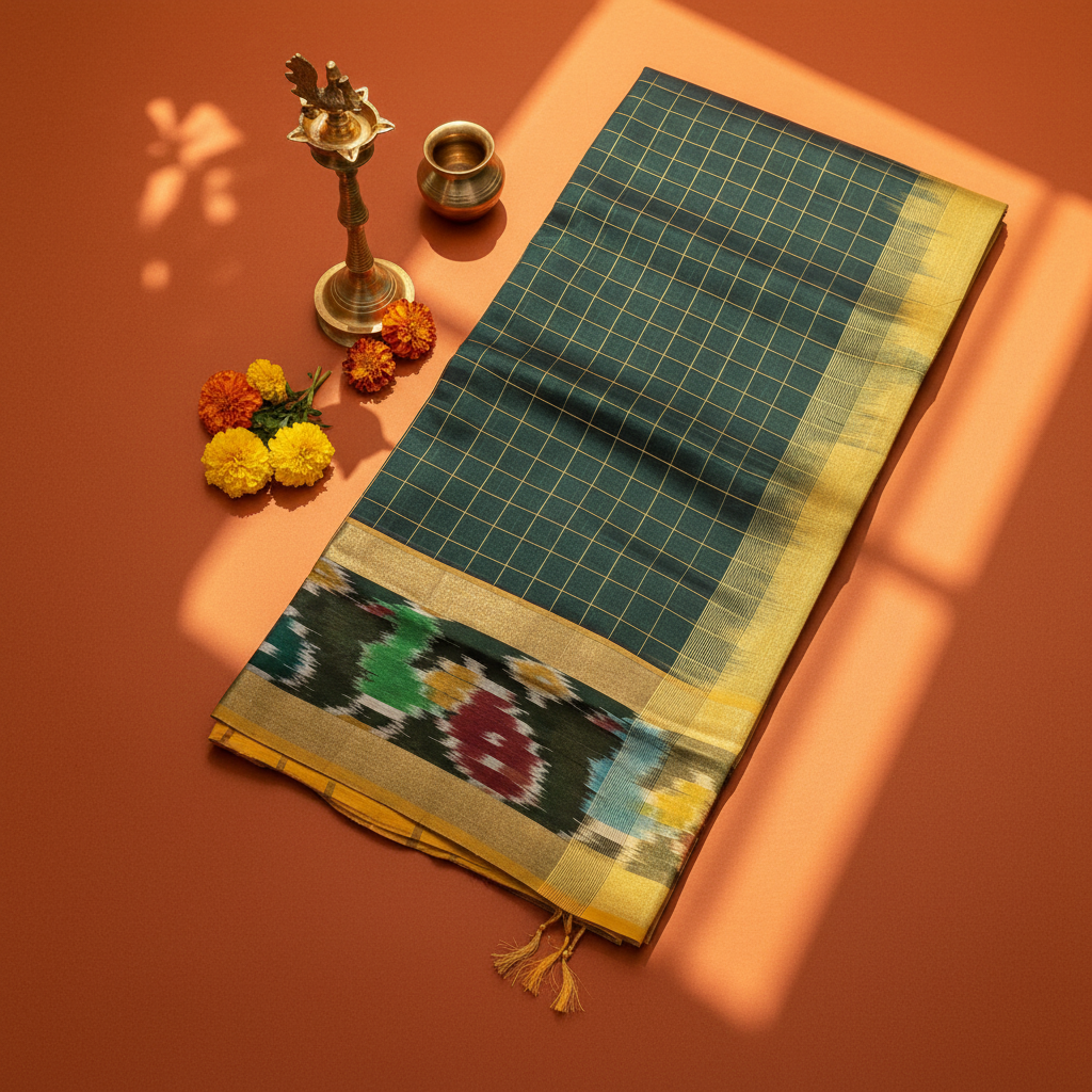 kuberan Forest Green Cotton Silk Saree with Gold Checks & Multicolour Ikat border