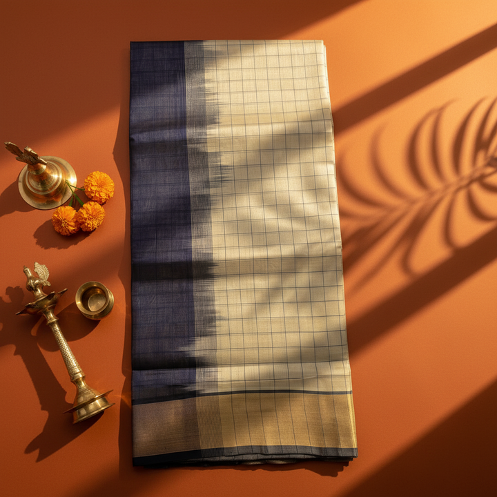 Kuberan  Navy Blue & Ivory Cotton Silk Checks Saree