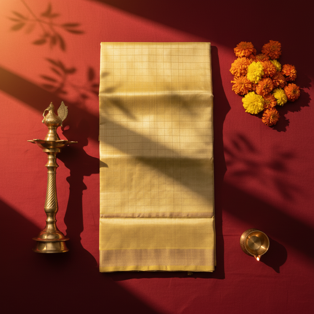 Kuberan Golden Yellow Self-Check Cotton Silk Saree