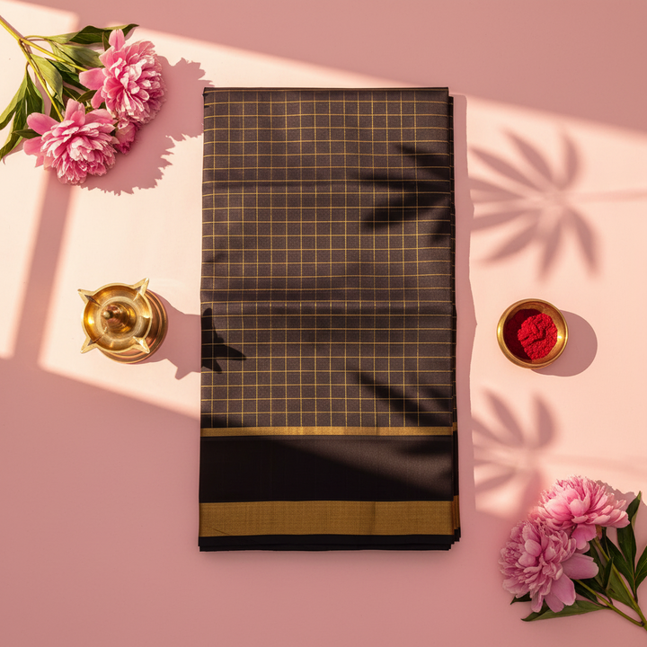 Kuberan brown & Gold Zari Checks Cotton Silk Saree