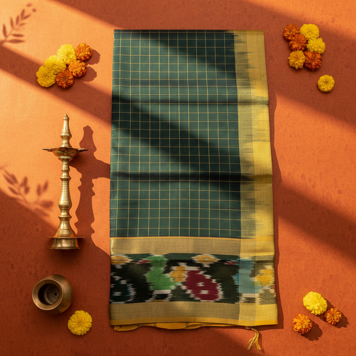 kuberan Forest Green Cotton Silk Saree with Gold Checks & Multicolour Ikat border