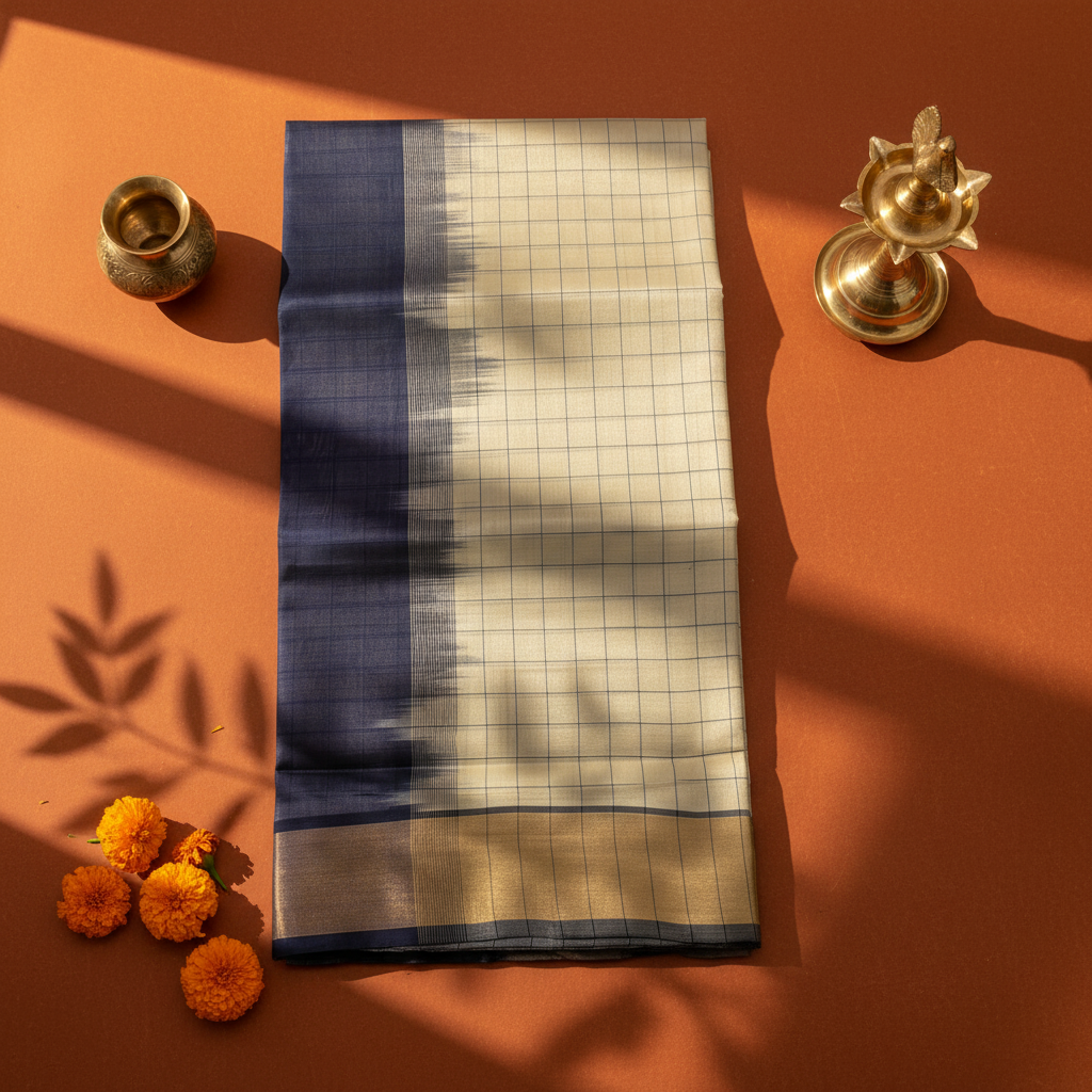 Kuberan  Navy Blue & Ivory Cotton Silk Checks Saree