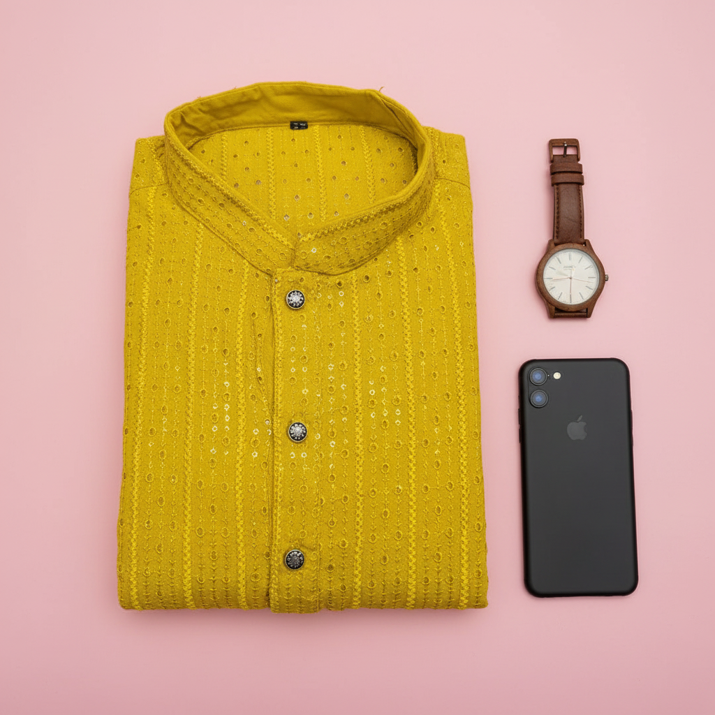 KUBERAN VIBRANT YELLOW SEQUIN EMBROIDERED  KURTA