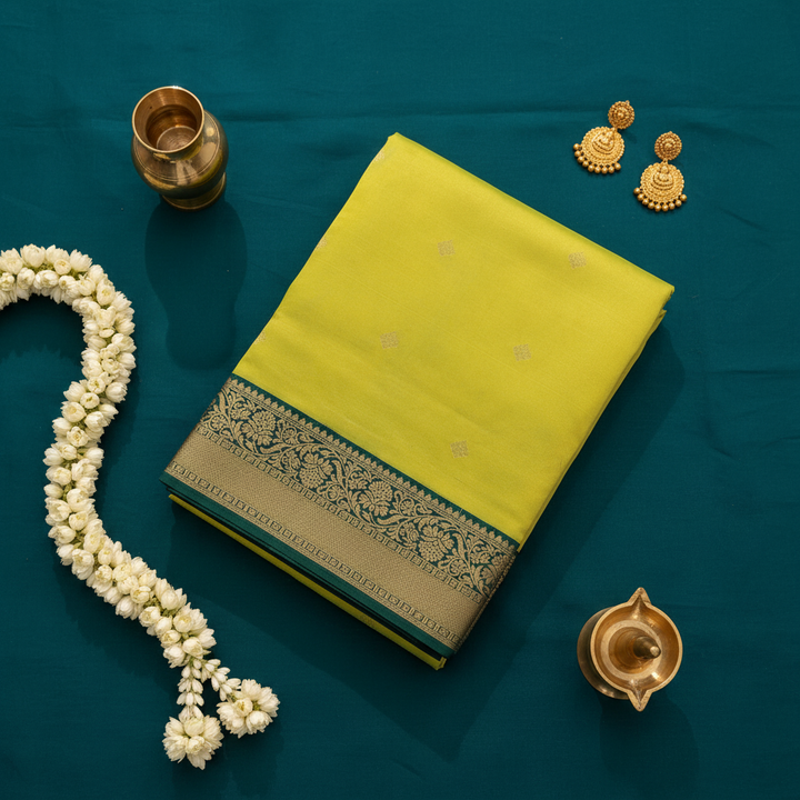 kuberan pure Silk 9 Yards Saree - Lime Yellow with green Zari Border