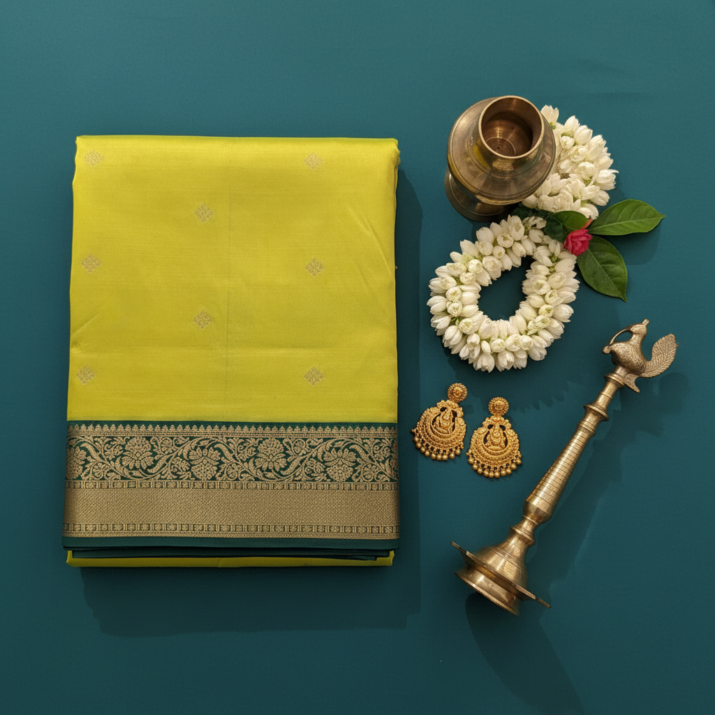 kuberan pure Silk 9 Yards Saree - Lime Yellow with green Zari Border