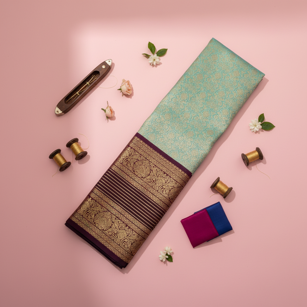 Kanchipuram Silk Saree - Mint Green with Maroon Border