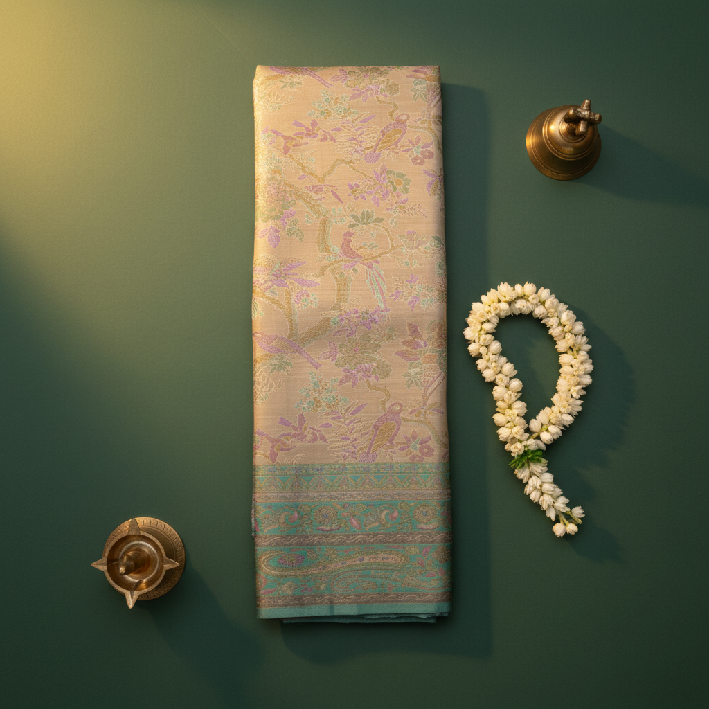 Kuberan Beige Birds Kanchipuram Silk Saree with Green Border