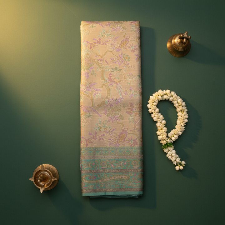 Kuberan Beige Birds Kanchipuram Silk Saree with Green Border