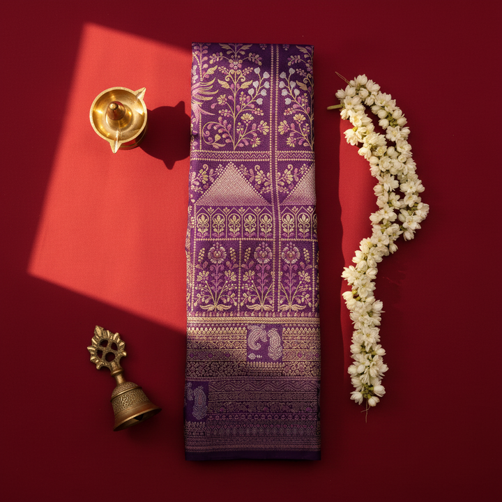 Kuberan Purple Kanchipuram Silk Saree with Gold Zari Floral Vine & Paisley Weave