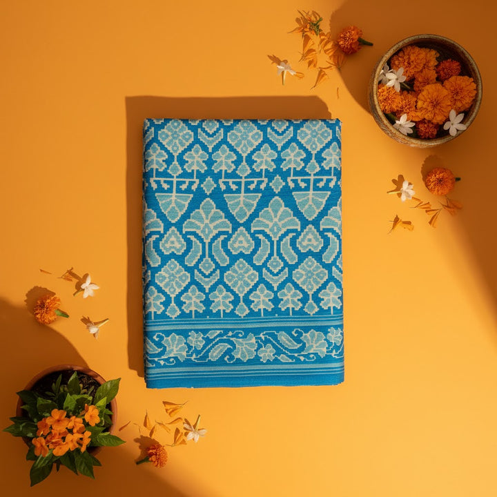 Kuberan Teal Ikat Geometric Fancy Saree