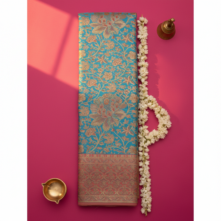 Kuberan Turquoise Kanchipuram Silk Saree with Gold Zari Floral Vine border