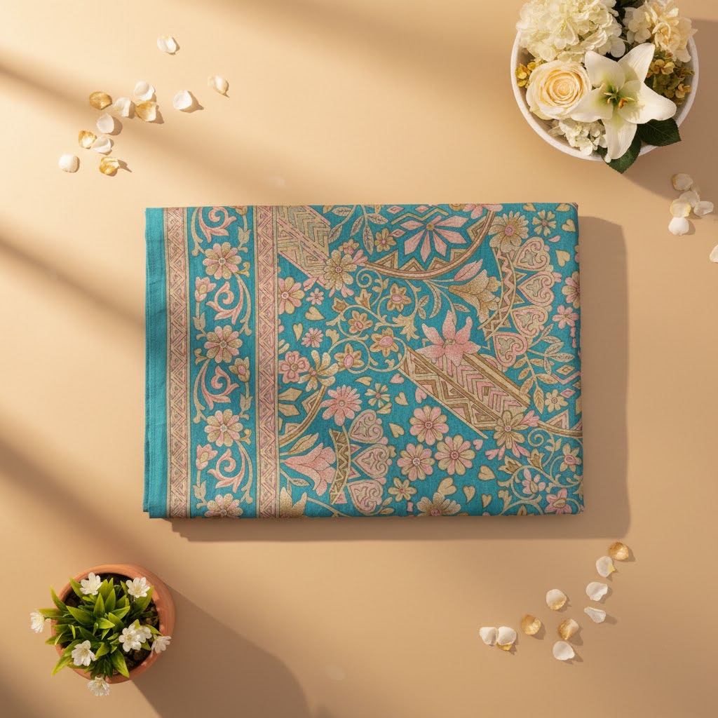 Kuberan Turquoise Kalamkari Floral Fancy Saree