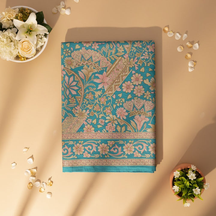 Kuberan Turquoise Kalamkari Floral Fancy Saree