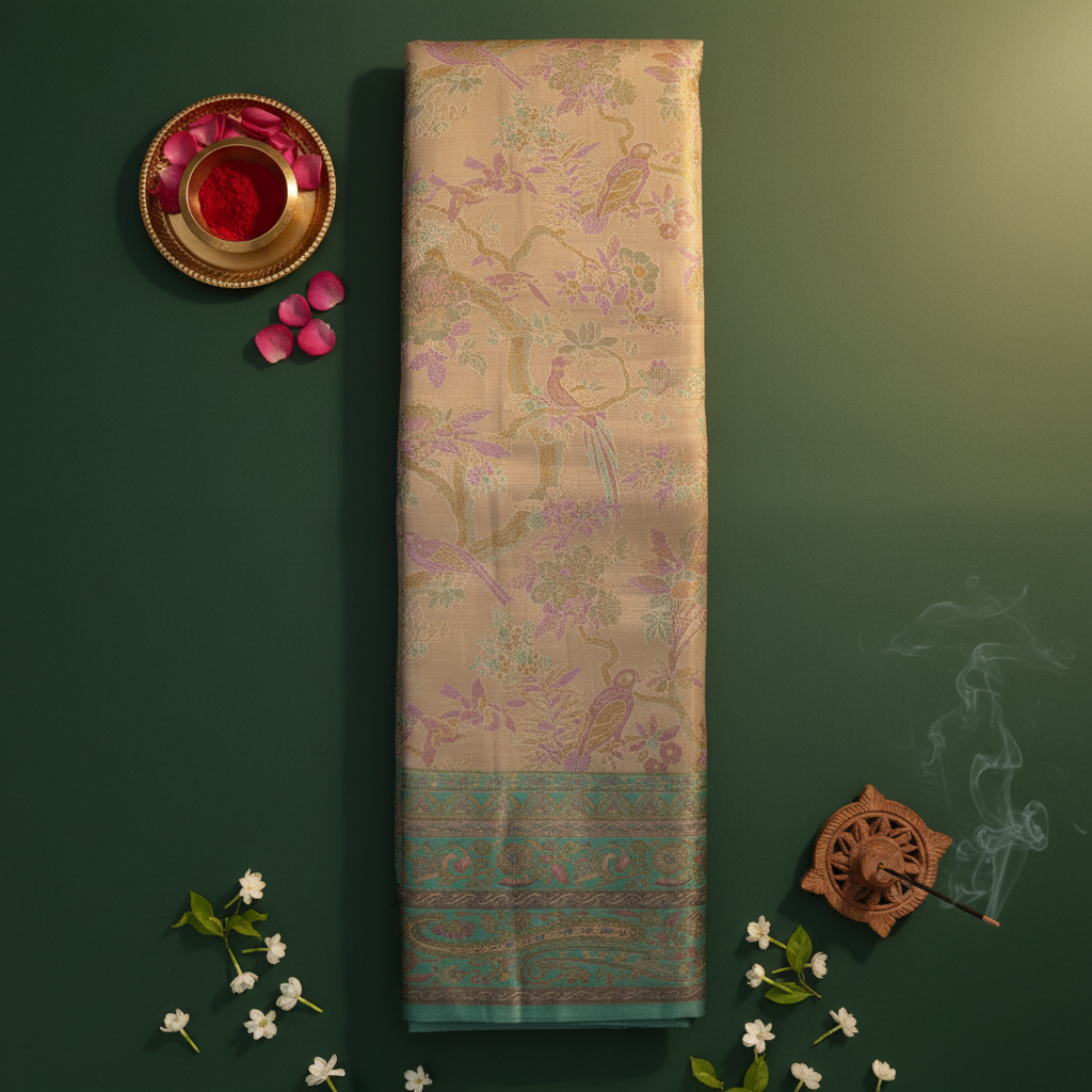 Kuberan Beige Birds Kanchipuram Silk Saree with Green Border