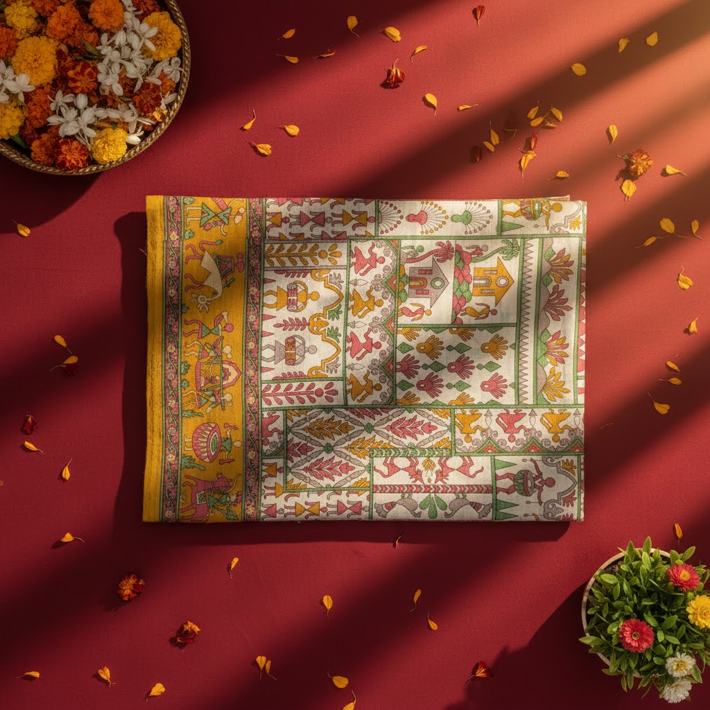 Kuberan off white Kalamkari Temple Fancy Saree
