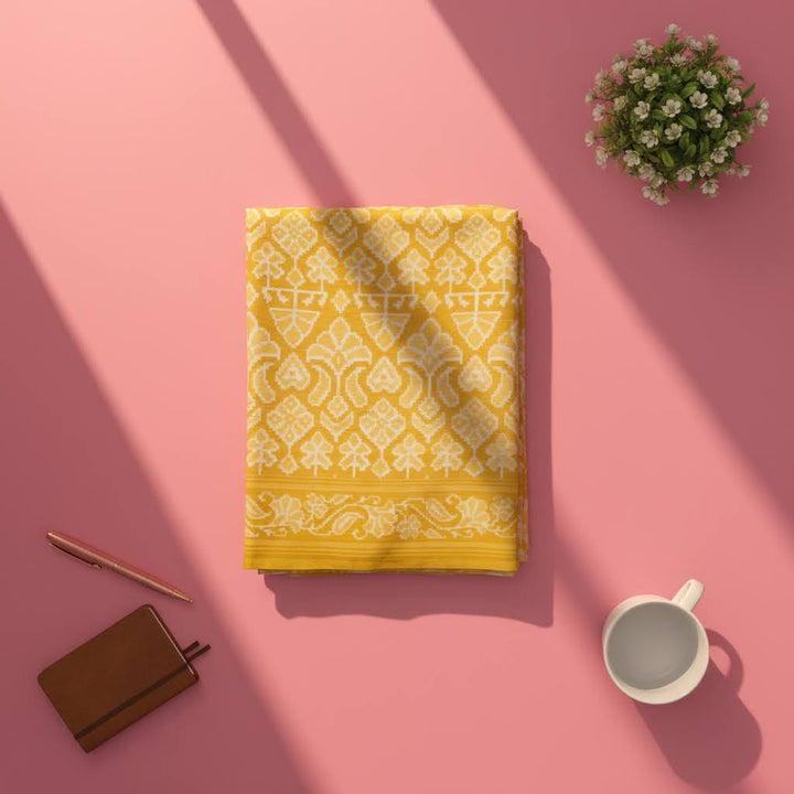 Kuberan Mustard Ikat Floral Medallion Fancy Saree