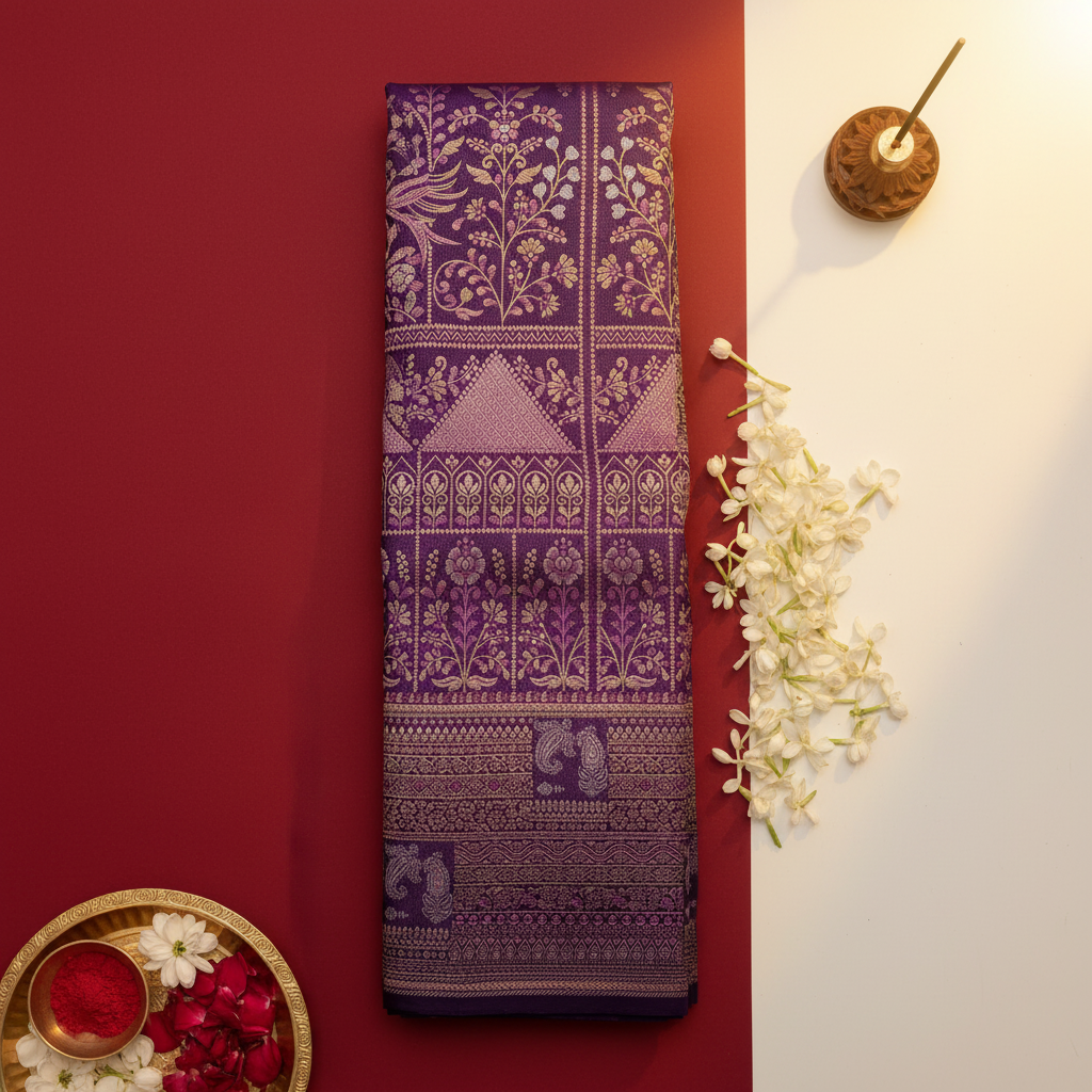 Kuberan Purple Kanchipuram Silk Saree with Gold Zari Floral Vine & Paisley Weave
