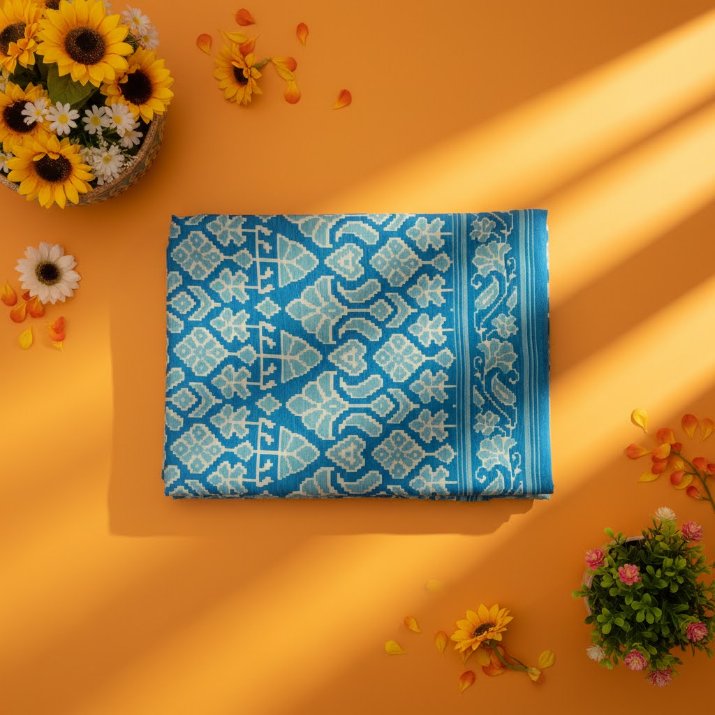 Kuberan Teal Ikat Geometric Fancy Saree
