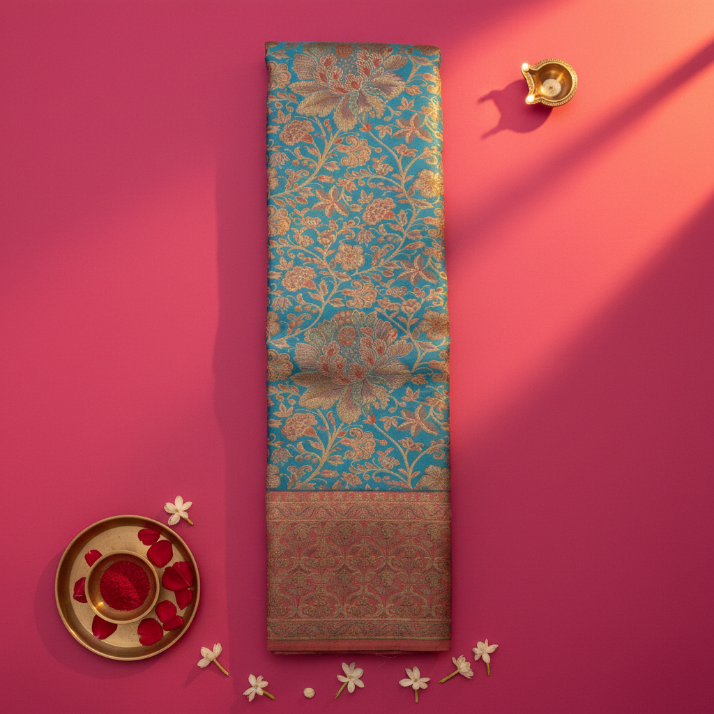 Kuberan Turquoise Kanchipuram Silk Saree with Gold Zari Floral Vine border