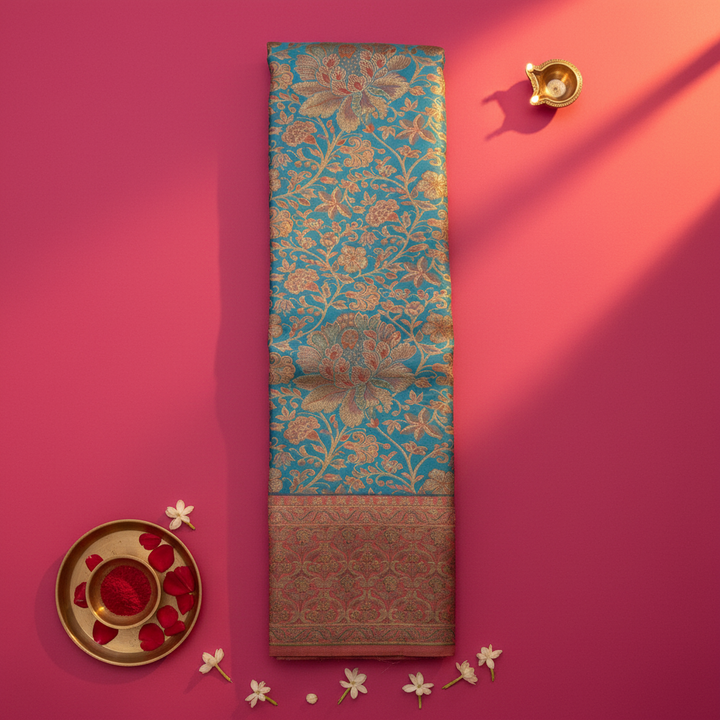 Kuberan Turquoise Kanchipuram Silk Saree with Gold Zari Floral Vine border