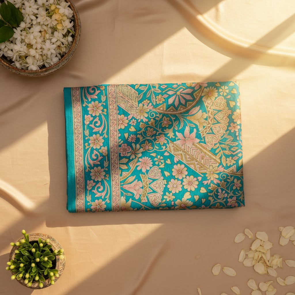 Kuberan Turquoise Kalamkari Floral Fancy Saree