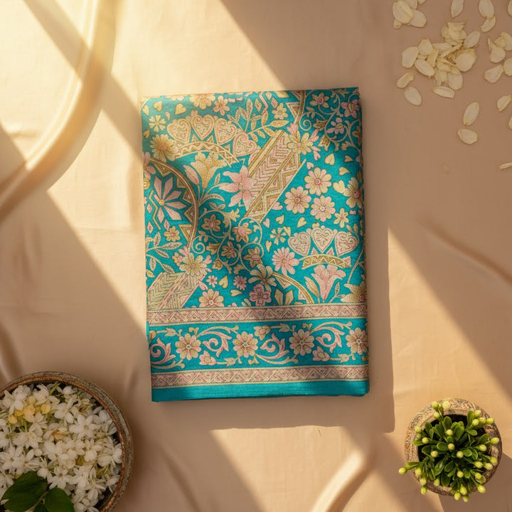 Kuberan Turquoise Kalamkari Floral Fancy Saree