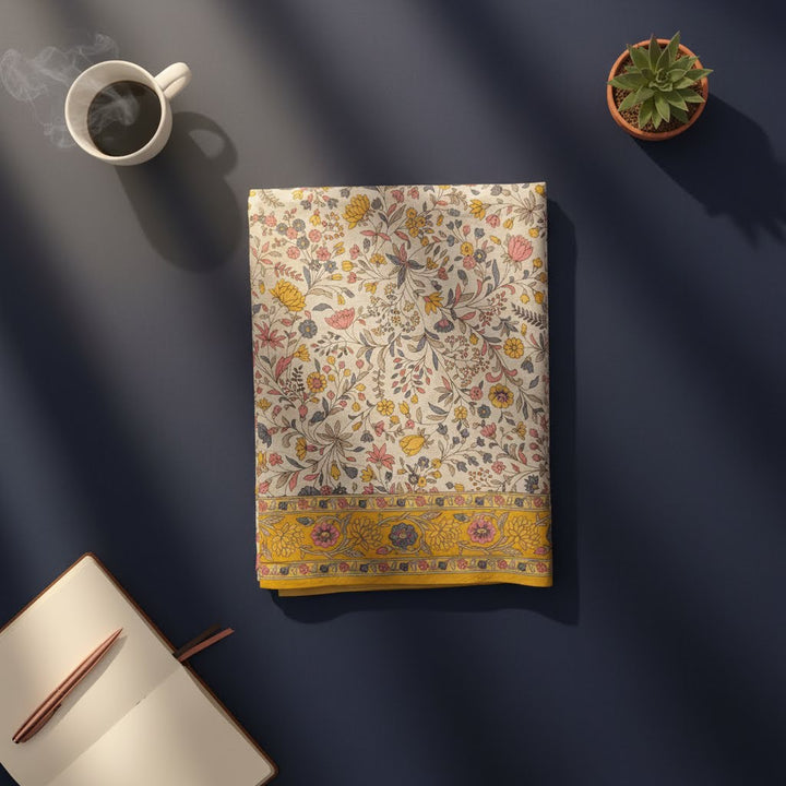 Kuberan White Wildflower Mustard Border Fancy Saree