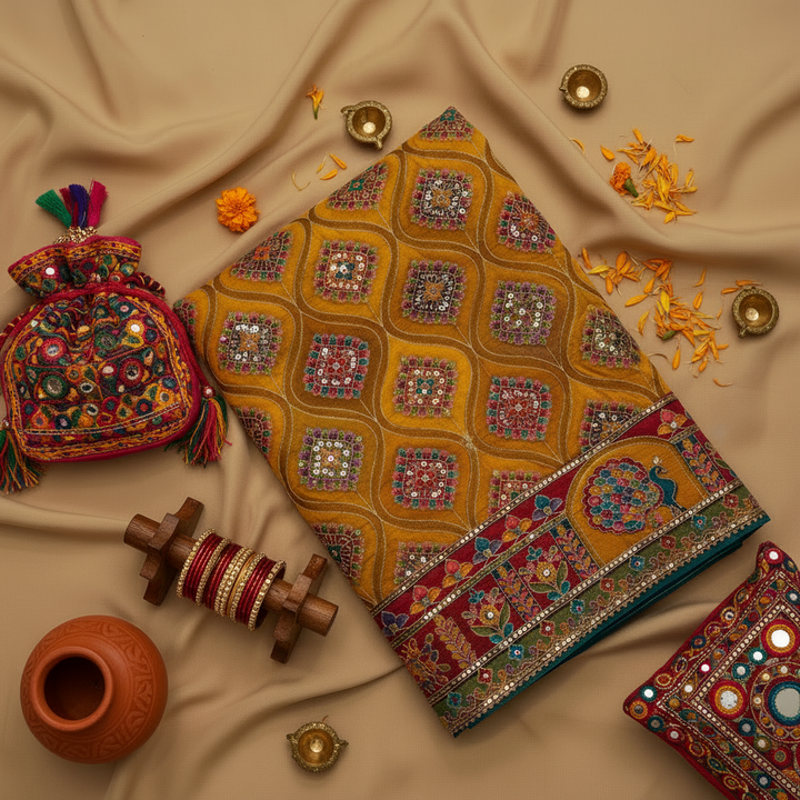 Flatlay with Gujarati props - mustard yellow embroidered fancy saree
