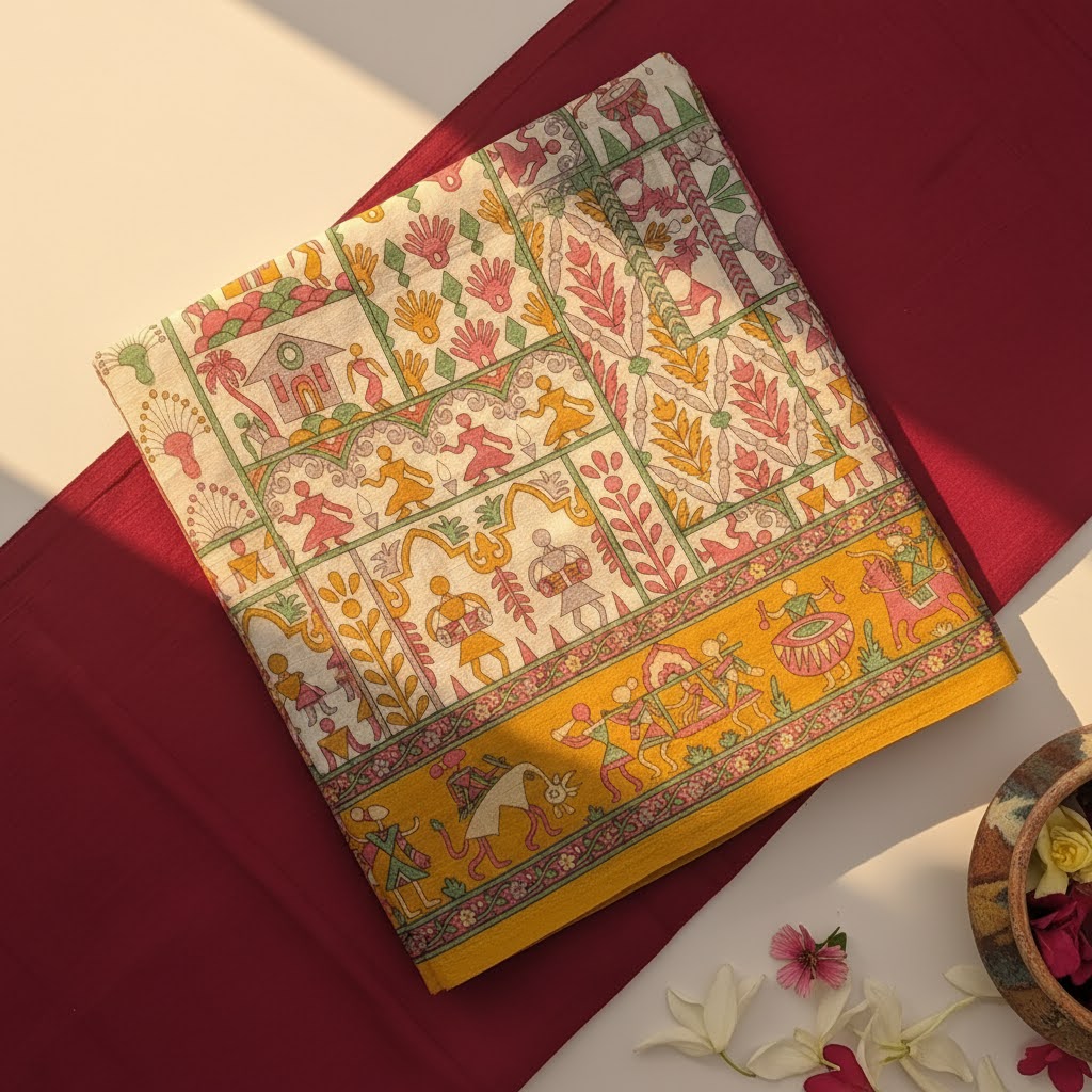 Kuberan off white Kalamkari Temple Fancy Saree