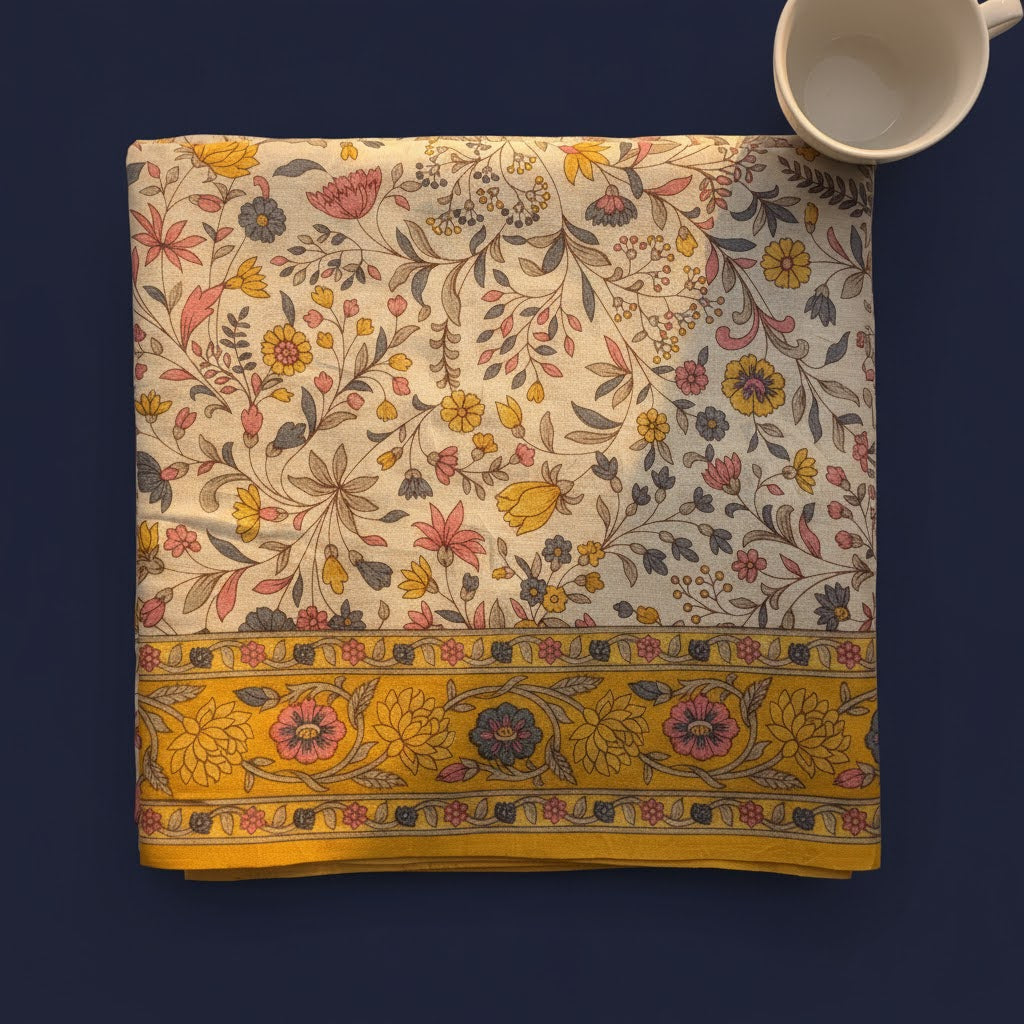 Kuberan White Wildflower Mustard Border Fancy Saree