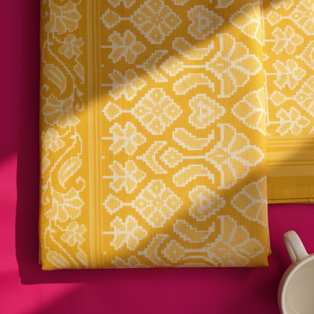 Kuberan Mustard Ikat Floral Medallion Fancy Saree