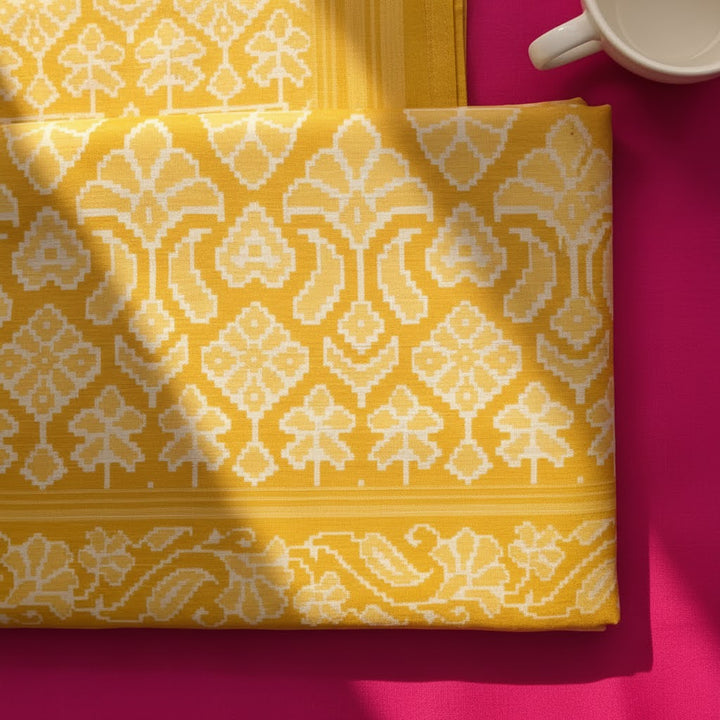 Kuberan Mustard Ikat Floral Medallion Fancy Saree