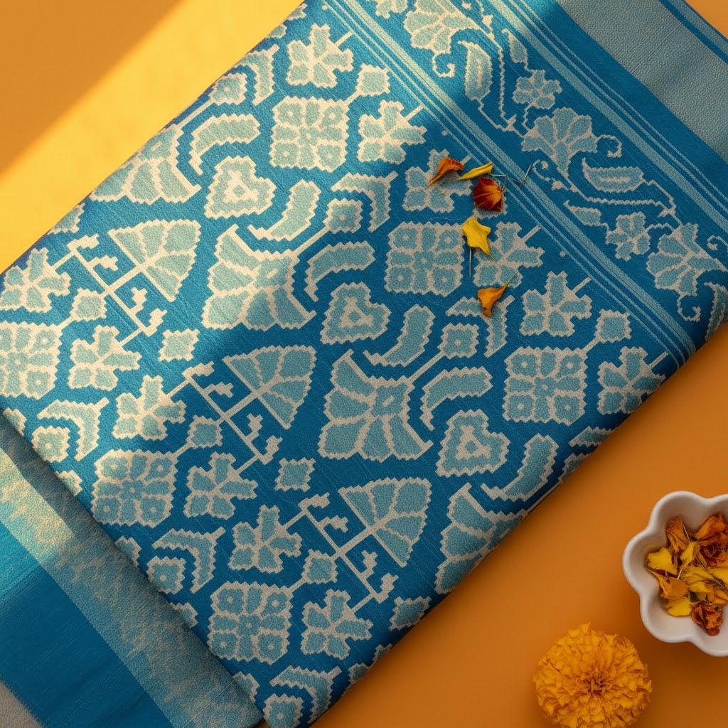 Kuberan Teal Ikat Geometric Fancy Saree