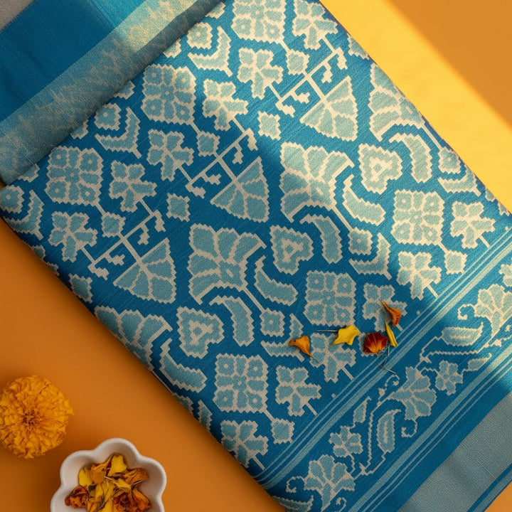 Kuberan Teal Ikat Geometric Fancy Saree