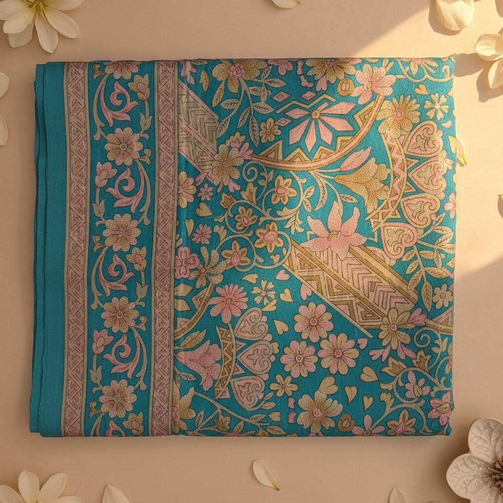 Kuberan Turquoise Kalamkari Floral Fancy Saree