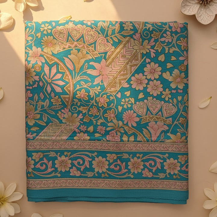 Kuberan Turquoise Kalamkari Floral Fancy Saree