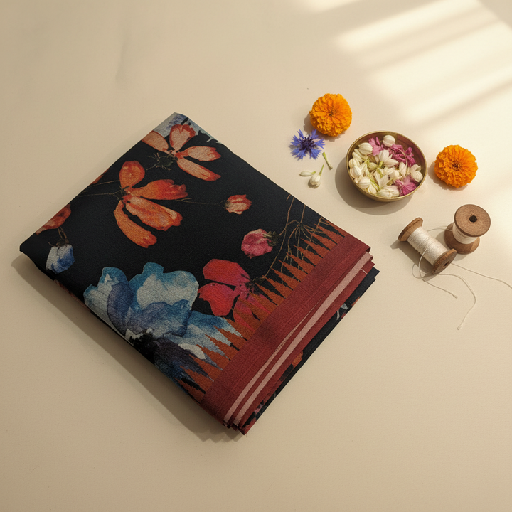 KUBERAN BLUE PRINTED COTTON SAREE