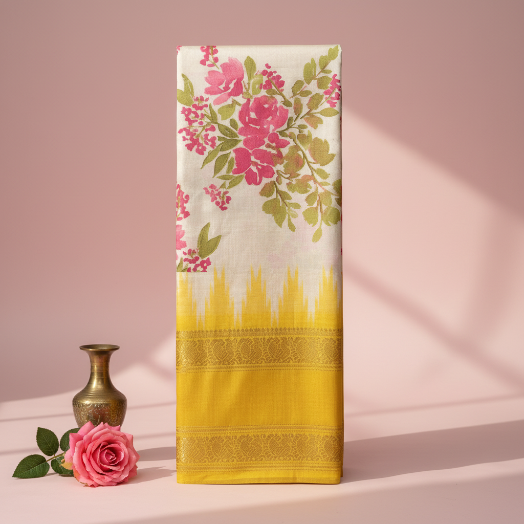 KUBERAN WHITE WITH LEMON POCHAMPALLY SILK SAREE