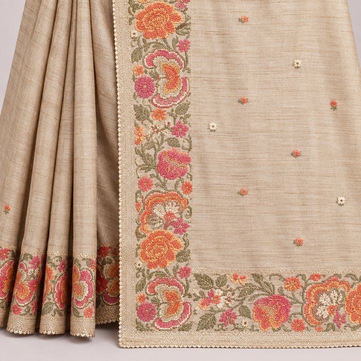 KUBERAN BEIGE PURE TUSSAR SILK SAREE