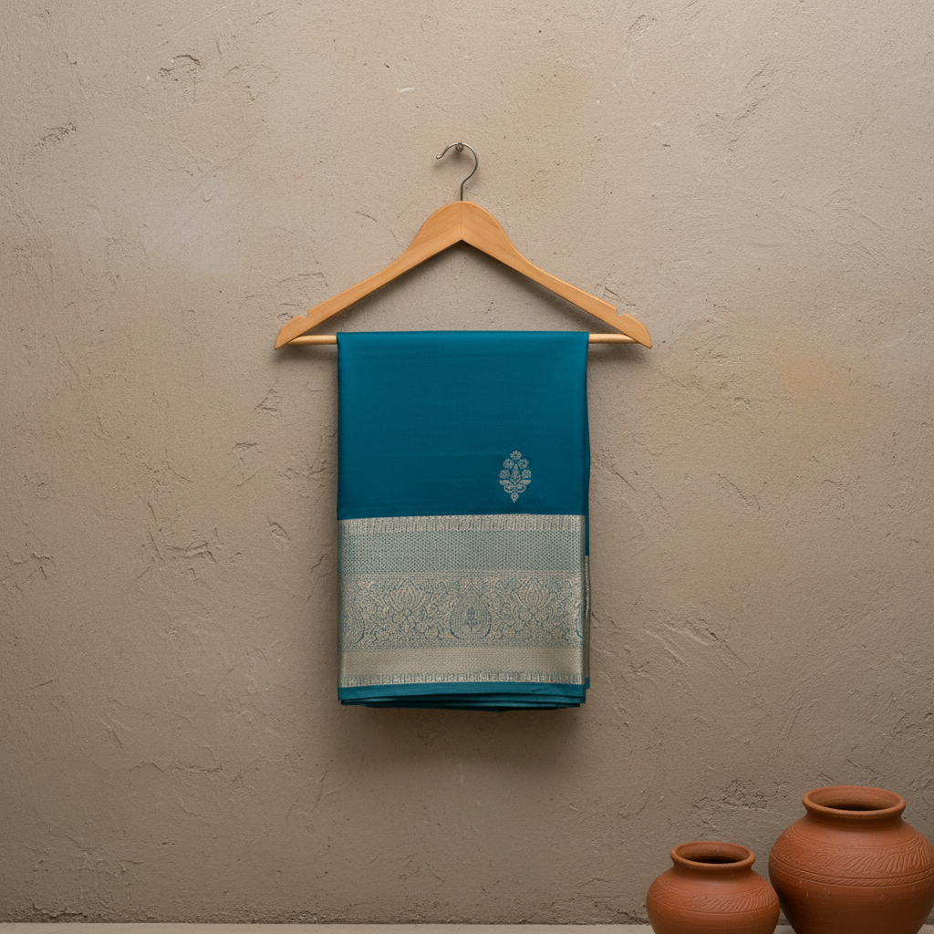 KUBERAN PEACOCK BLUE SILVER SEMI SILK SAREE